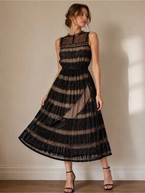 Chelsea28 Black pleated Lace overlay Dress size large